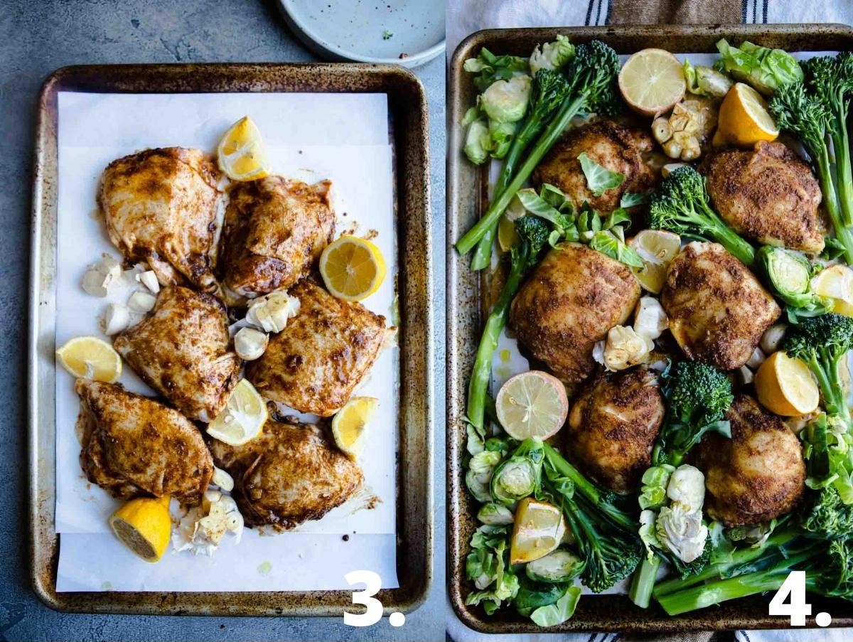 chicken thighs on a sheet pan ready to go into the oven then filled with veggies