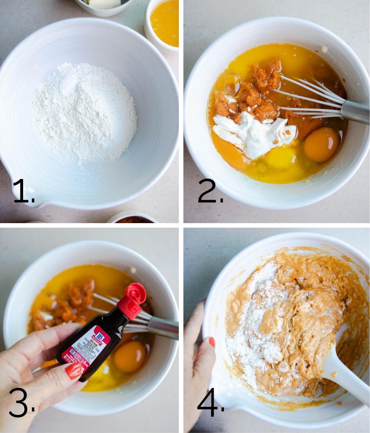 step by step directions to make muffins in a white mixing bowl