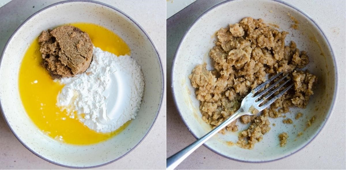 pumpkin spice streusel topping being made in a small bowl