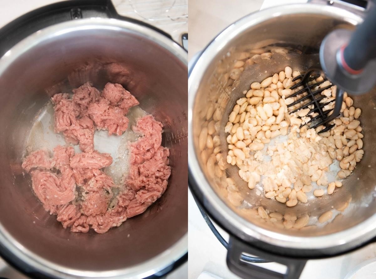 ground chicken cooking in an instant pot and white beans being smashed in an instant pot