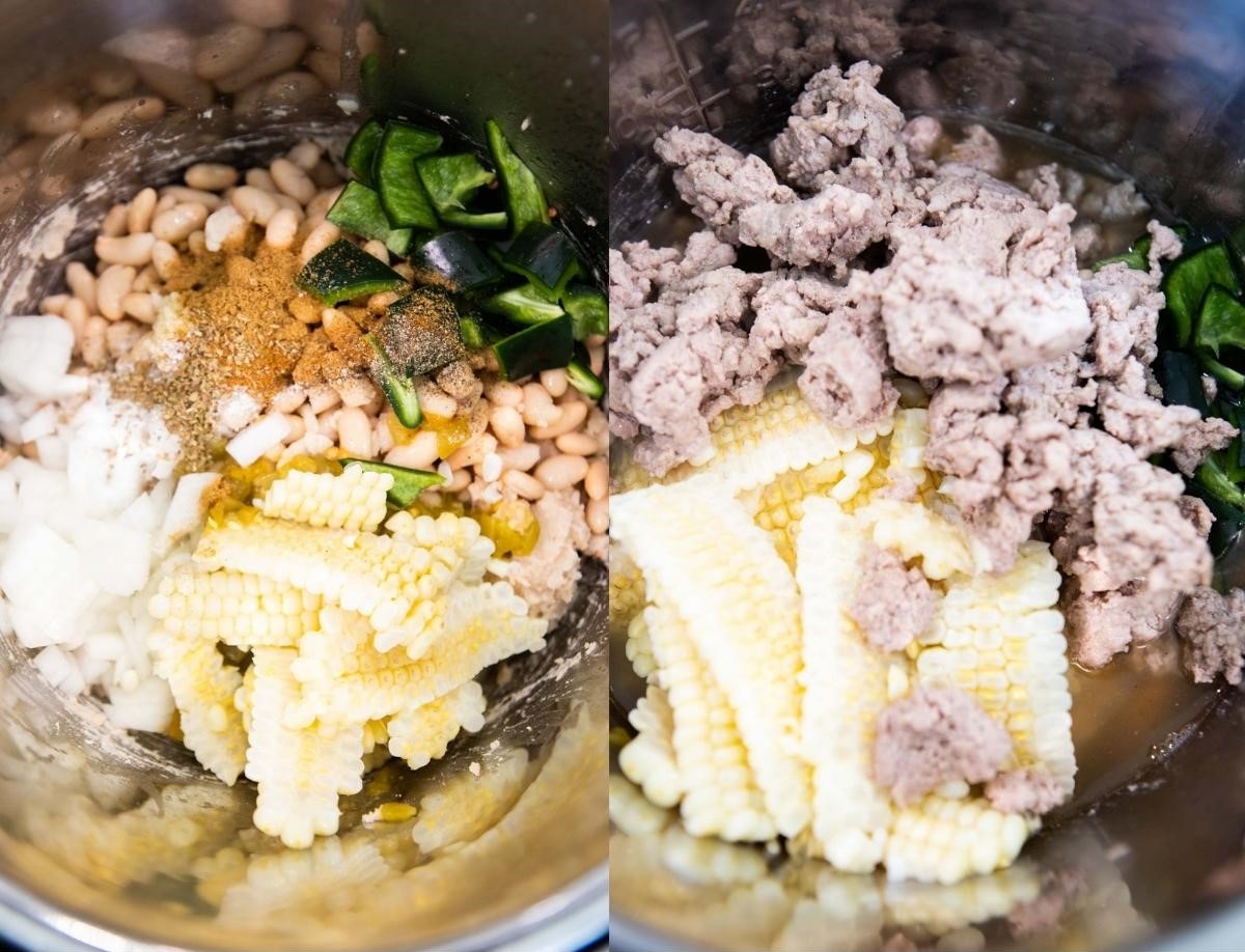 ingredients to make white chicken chili instant pot being poured into inner pot