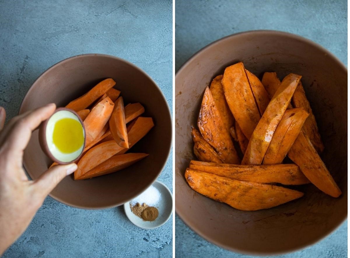 woman making air fryer sweet potato wedges by mixing ingredients in a mixing bowl