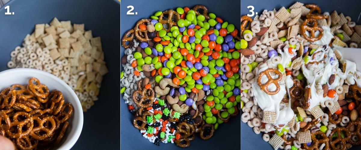 ingredients to make Halloween snack mix made with Chex and Cheerios cereal being mixed in a large bowl