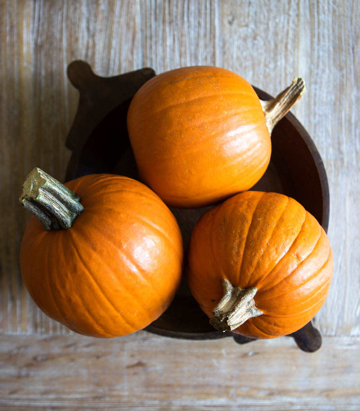 3 sugar pumpkins in a wood bowl