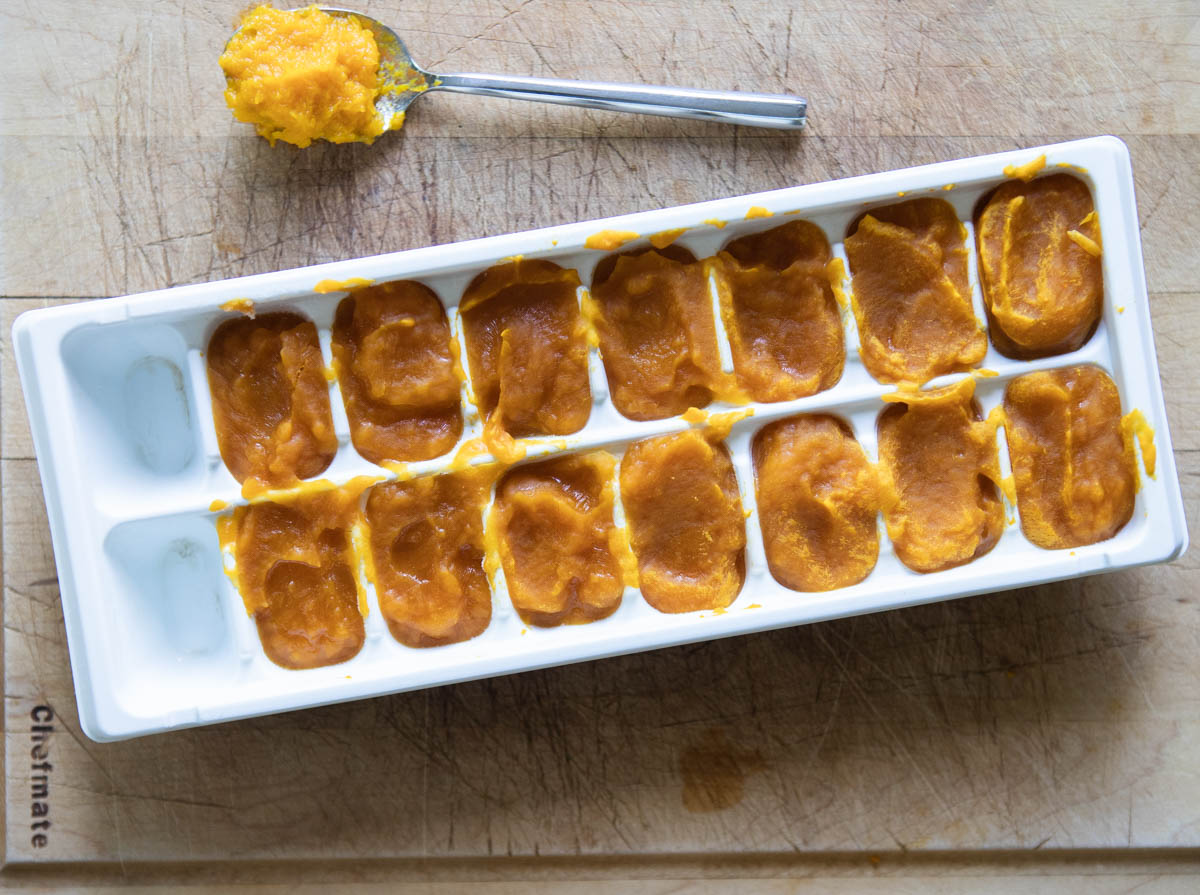 Instant pot pumpkin puree divided up into an ice cube tray 