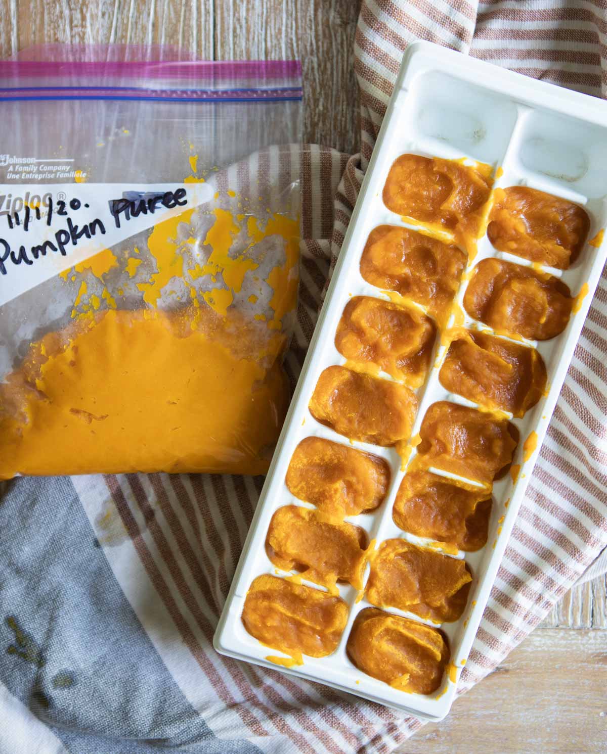 pumpkin puree divided up into a ziploc bag and ice cube tray 