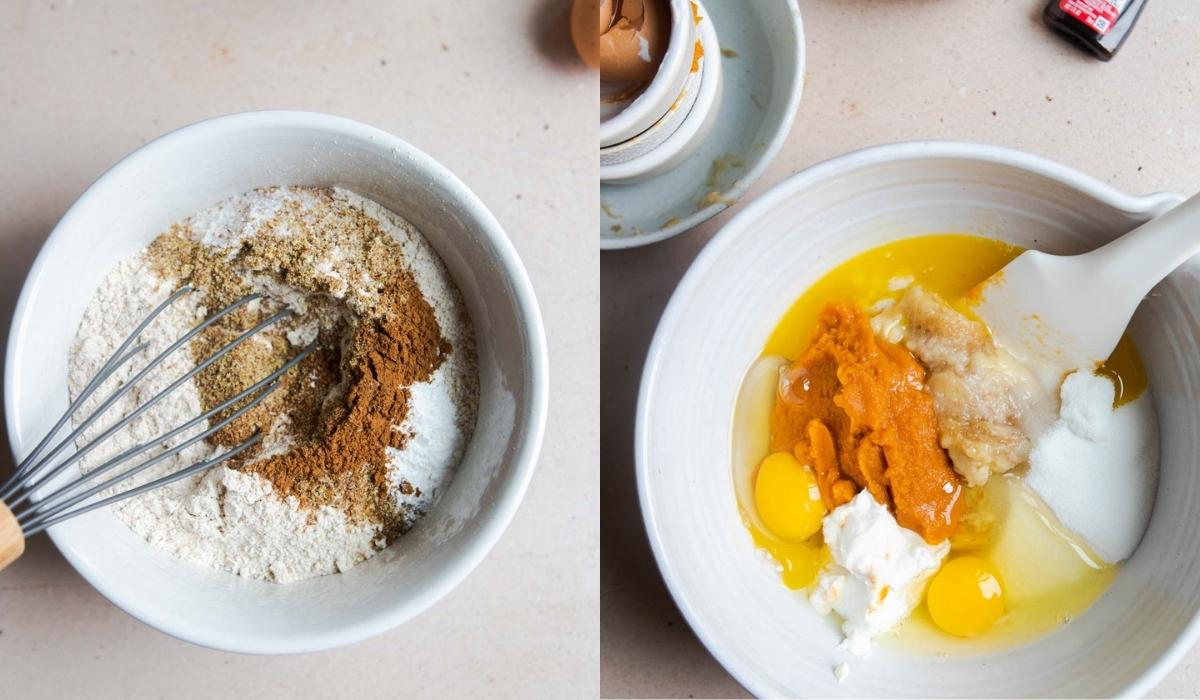 white mixing bowl filled with dry baking ingredients flour and baking powder and a separate mixing bowl filled with wet baking ingredients 