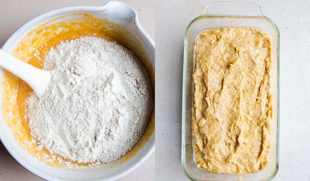 mixing bowl with pumpkin banana bread batter and then batter poured into a glass loaf pan