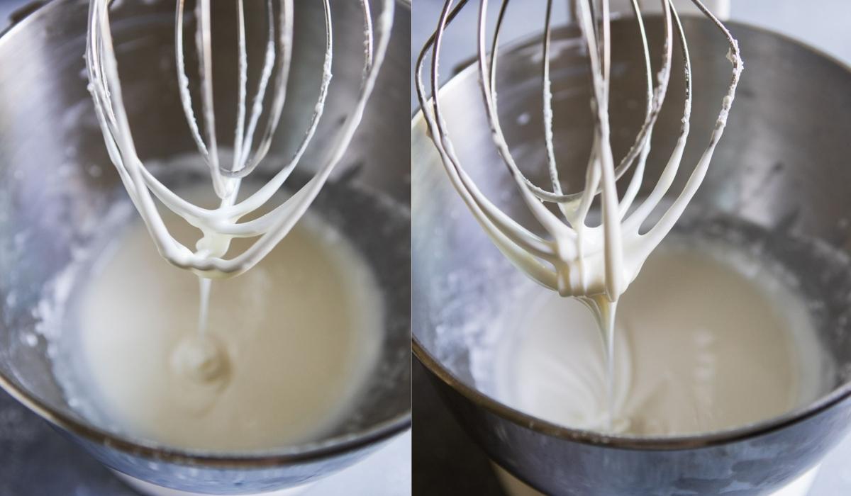 a stand up mixer with the whisk attachment making royal icing 