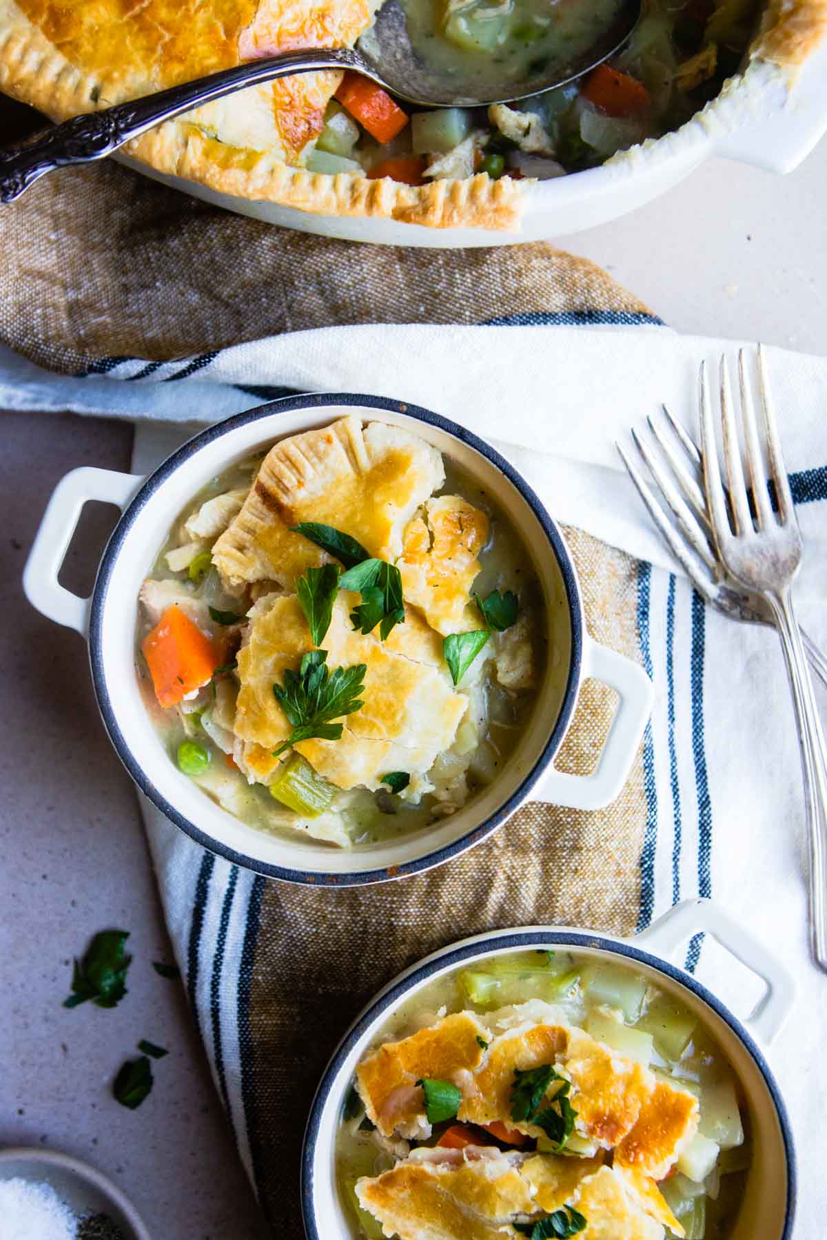 turkey pot pie cooked in air fryer dished out in small casserole dishes