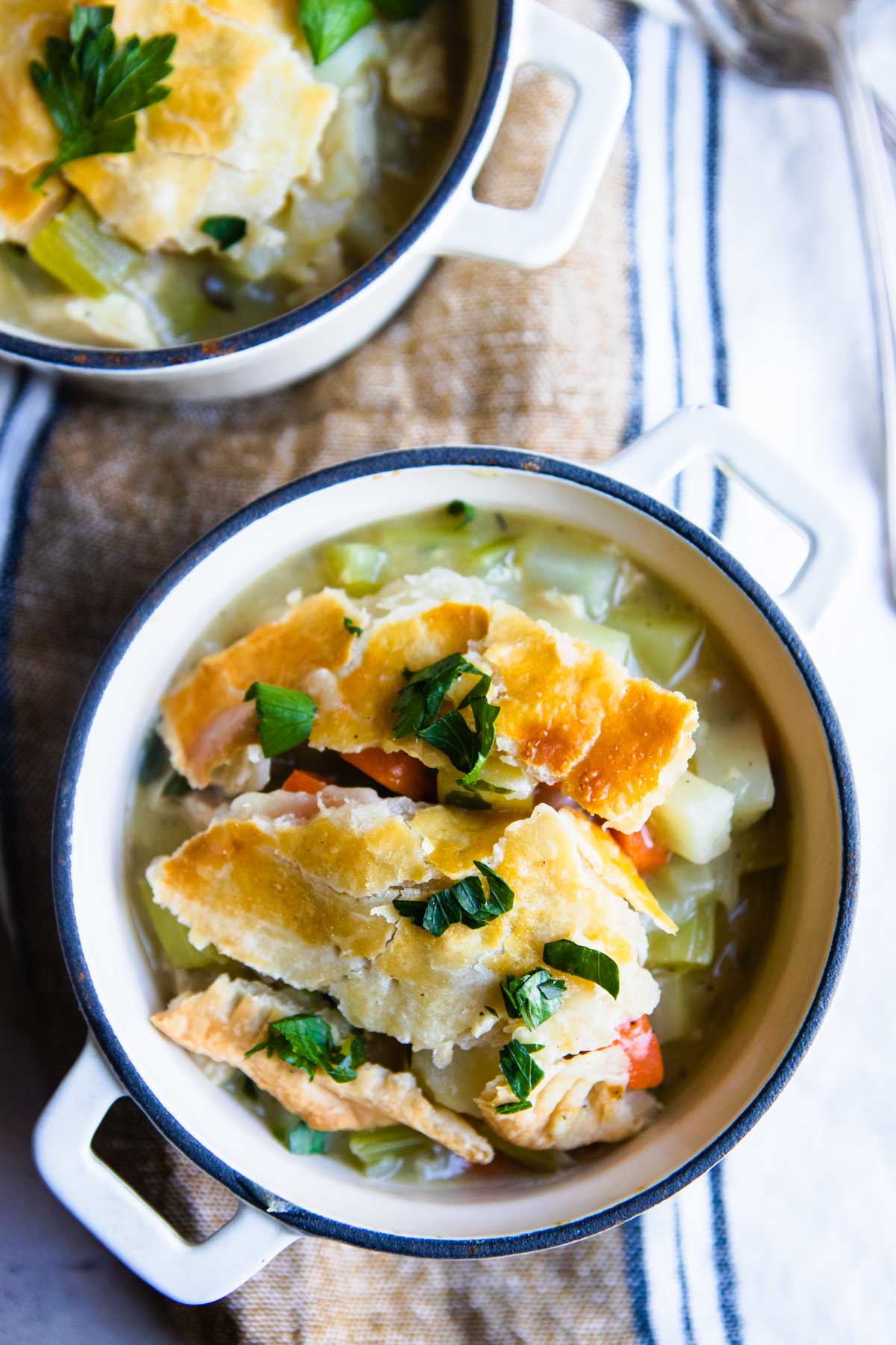 turkey and chicken pot pie served in a white dish topped with parsley 