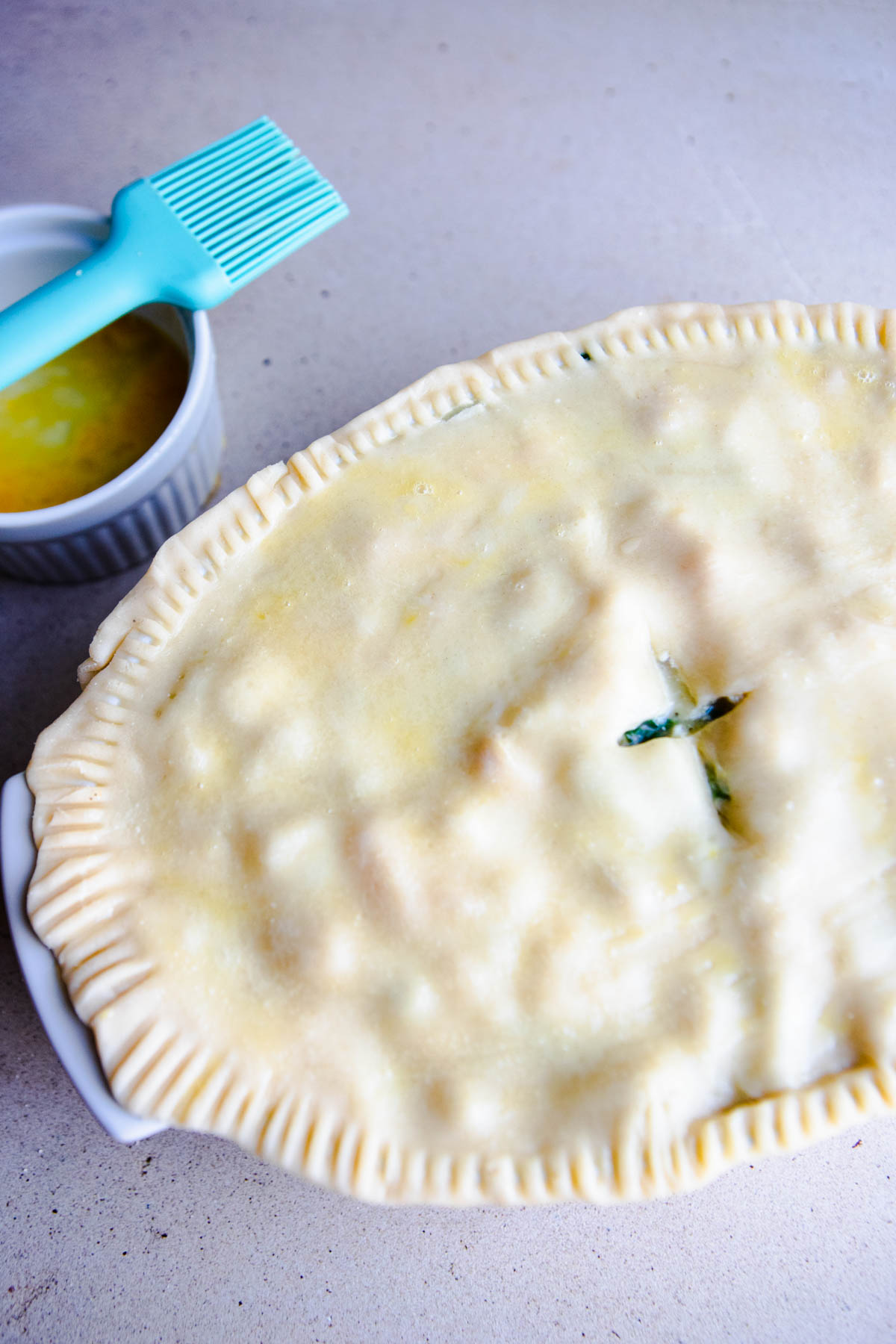 egg wash brushed on a pie crust for a pot pie