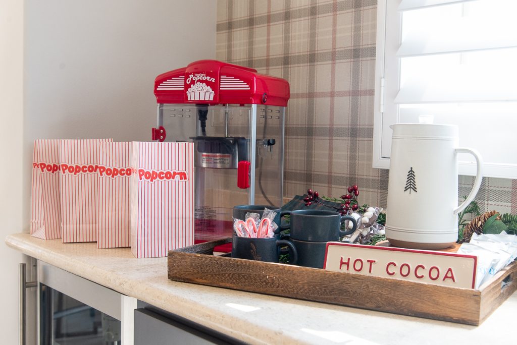 hot cocoa and popcorn station in a bonus room