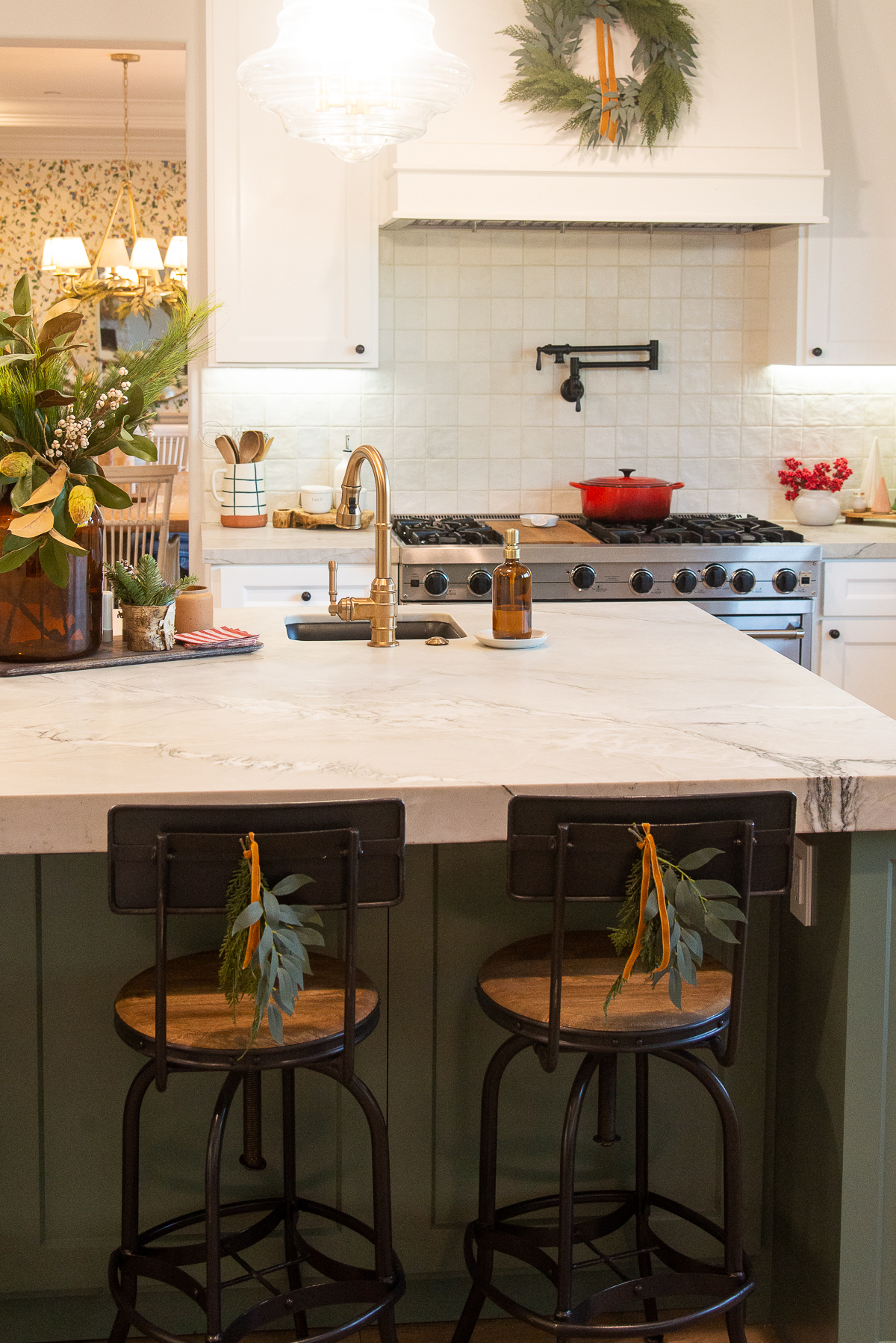 green smoke kitchen island decorated for Christmas