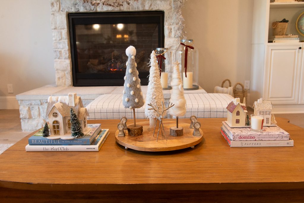 felt Christmas trees on coffee table