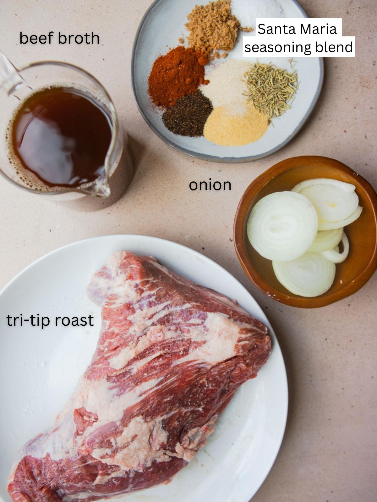 raw tri tip, beef broth and dry rub seasoning ingredients 