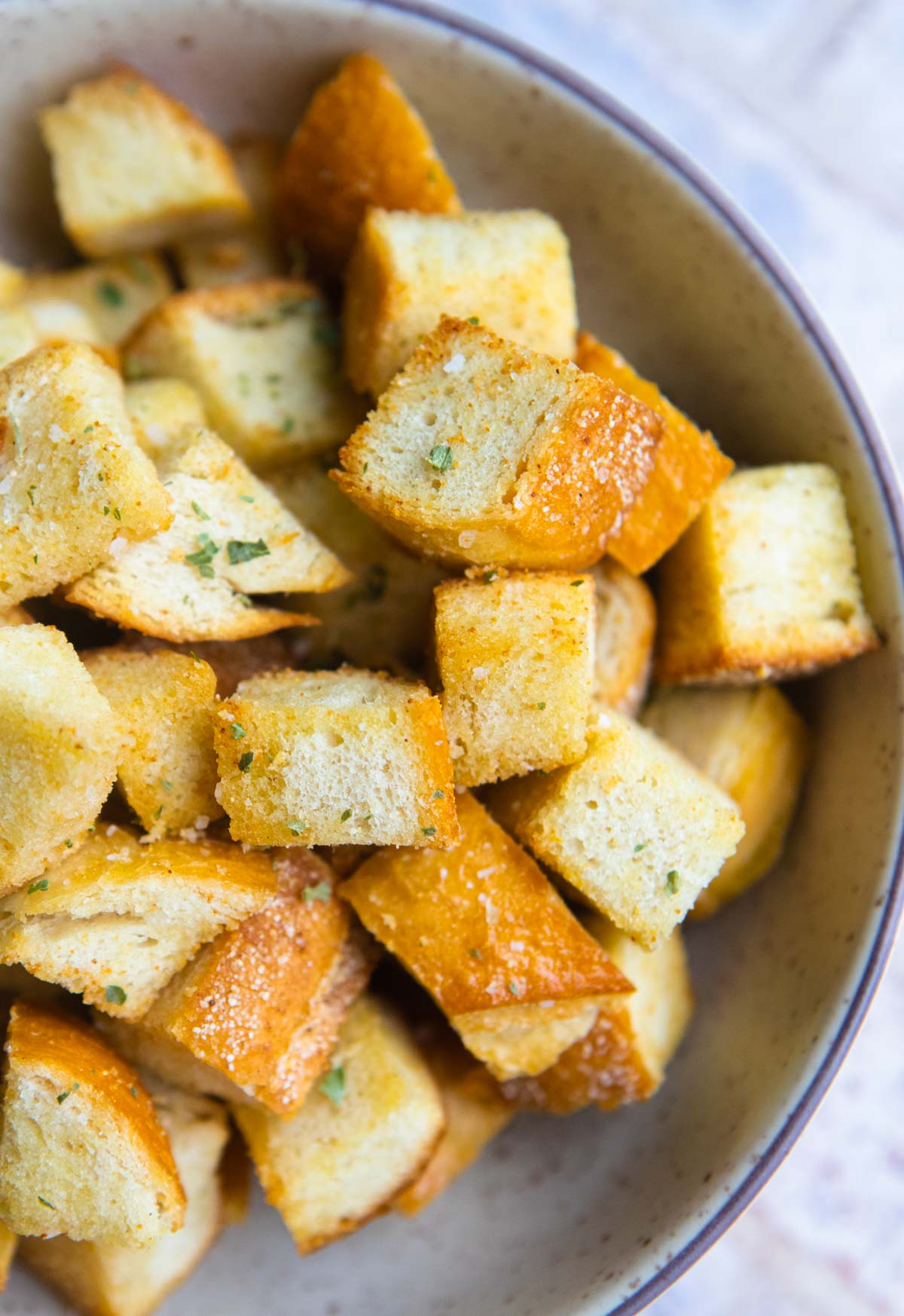 air fryer croutons on a bowl