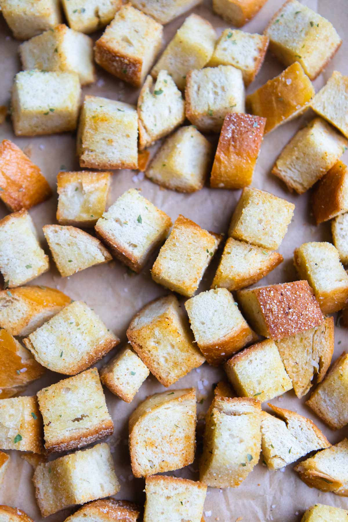 croutons on a parchment lined baking sheet