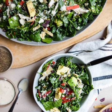 kale fiesta salad on a platter and in a bowl