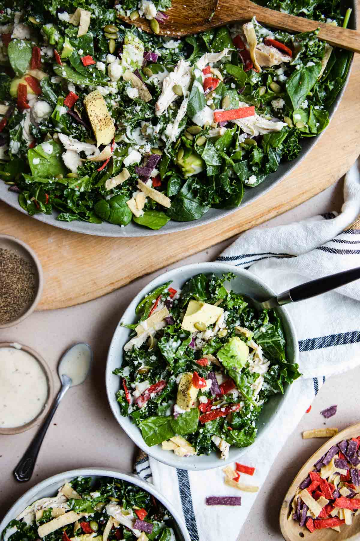 kale fiesta salad on a platter and in a bowl 