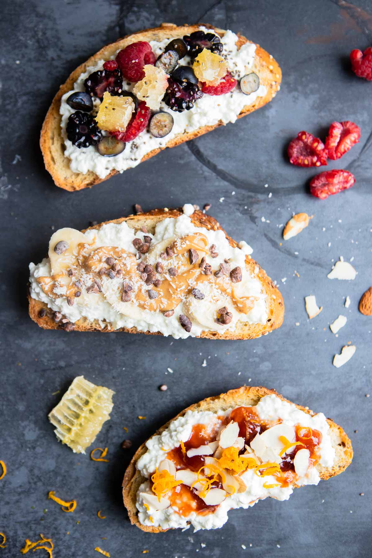 3 pieces of toasted bread slathered with Good Culture cottage cheese and fresh sweet toppings 