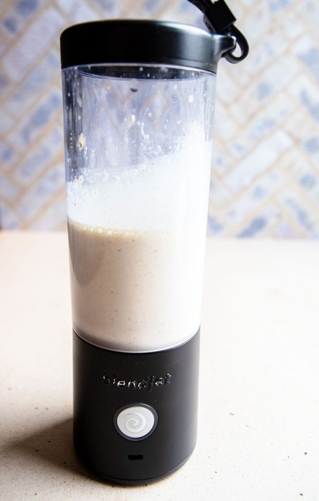 ingredients to make protein pancakes blended up using a BlendJet