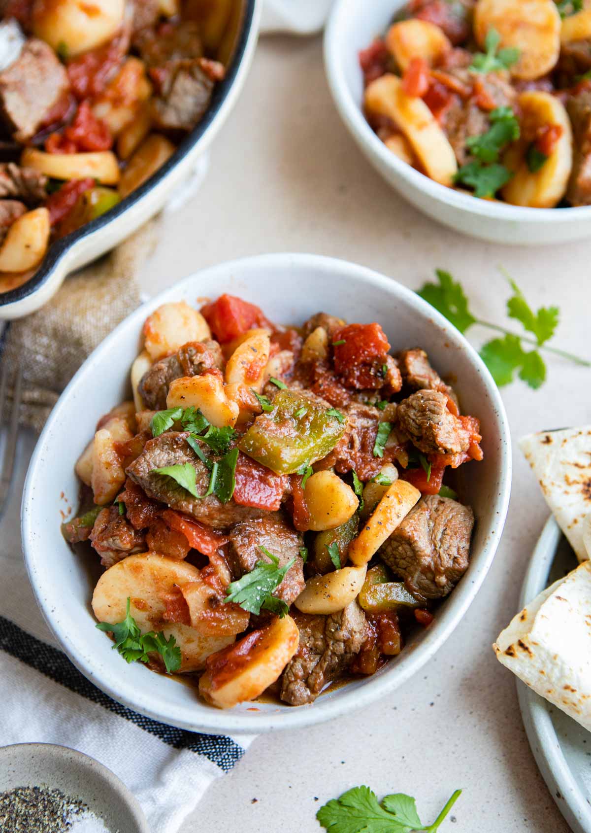 steak picado in 2 bowls garnished with cilantro