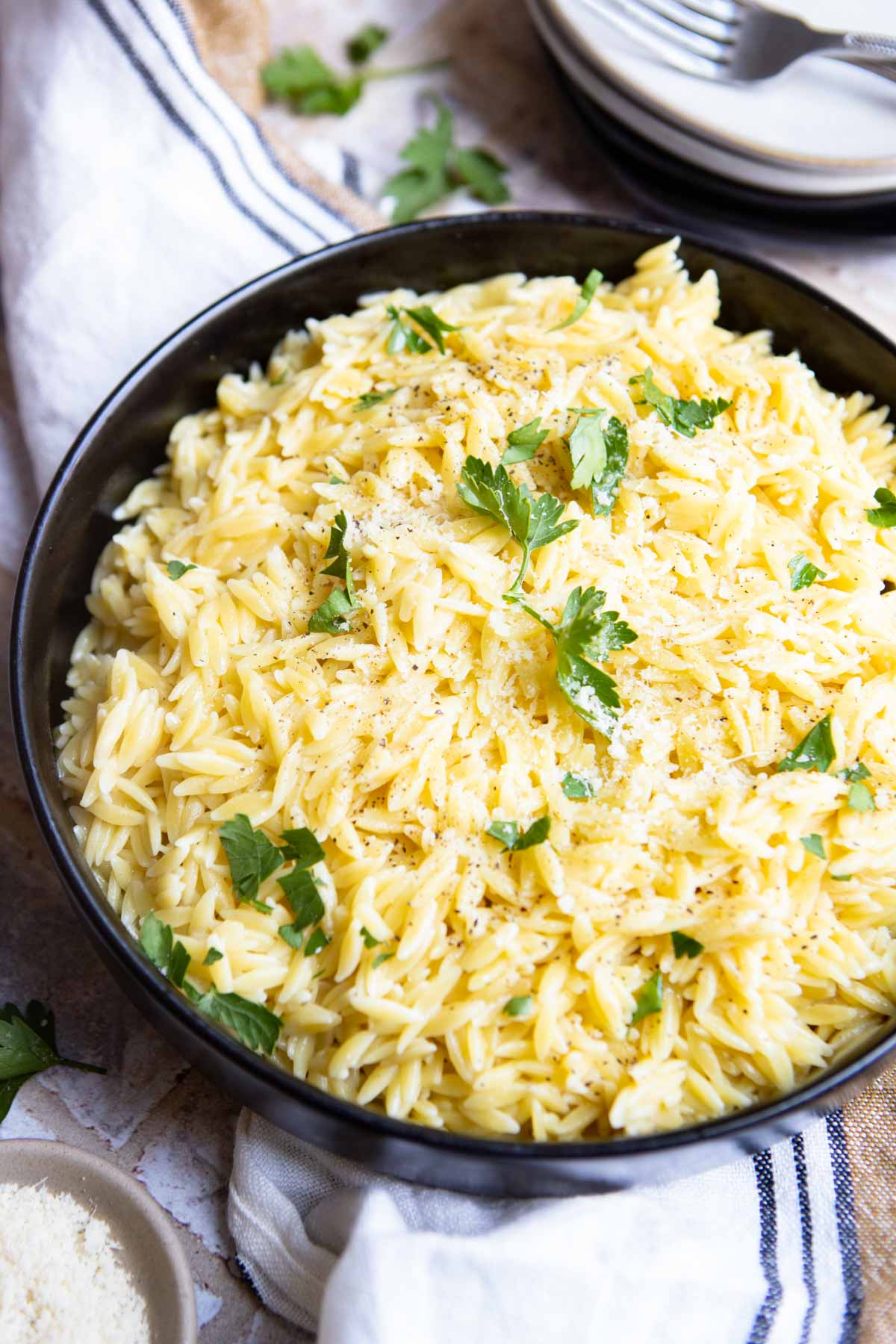 Parsley garnishes orzo pasta served in a bowl.