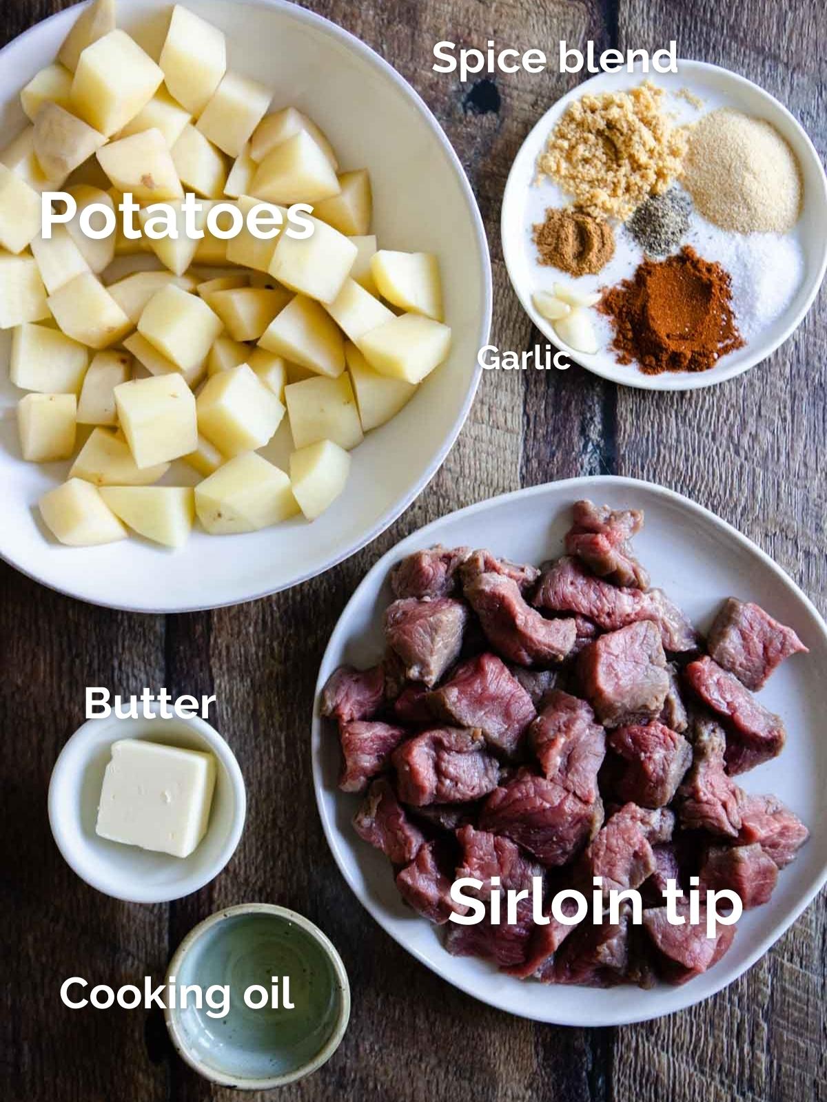 raw potatoes and sirloin tip steak along with butter and spices on top of a wood board 