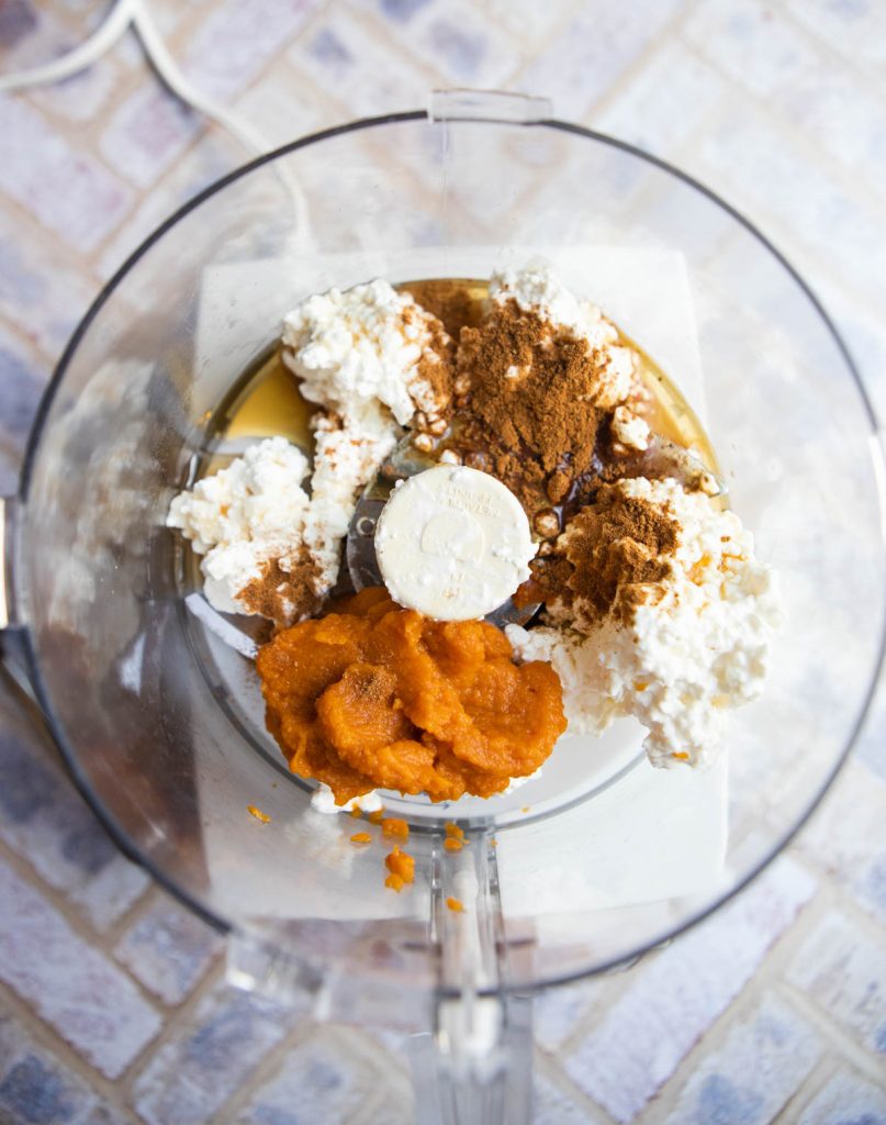cottage cheese, pumpkin puree and spices added to a food processor