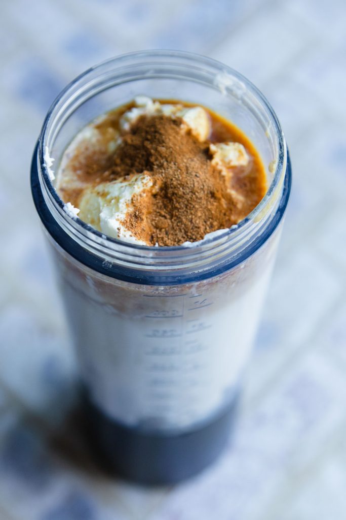 cottage cheese, milk, cream cheese, vanilla and spices in a blender