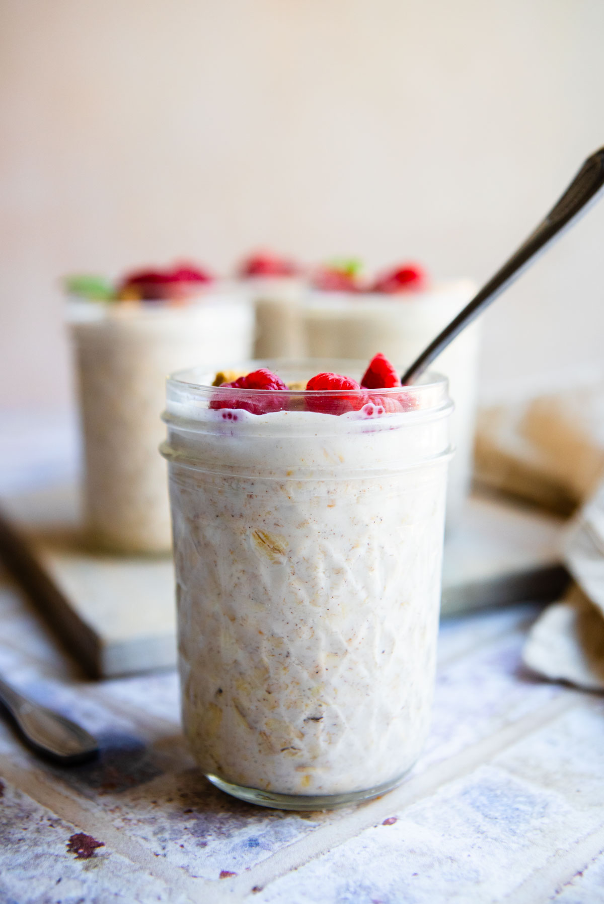 small mason jar filled with cottage cheese overnight oats