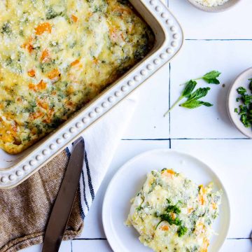 cottage cheese egg bake in a casserole dish and a single serving on a white plate