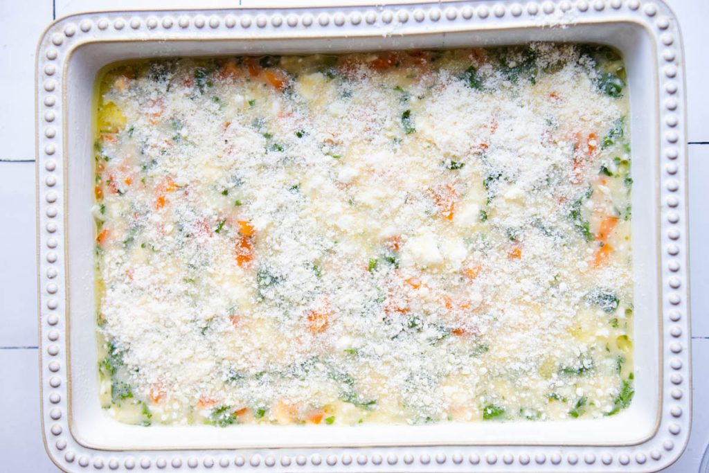 cottage cheese egg bake sprinkled with fresh grated parmesan cheese