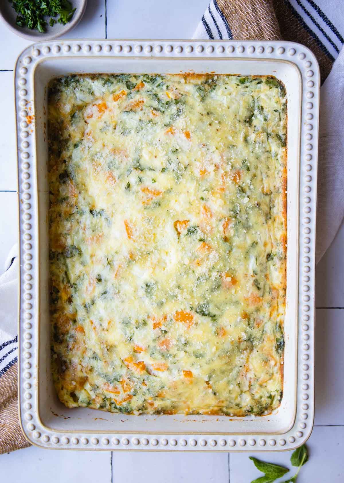 baked cottage cheese egg casserole in a baking dish