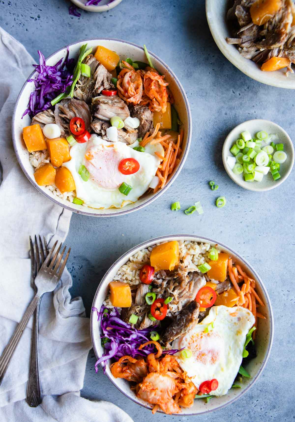 bowls filled with brown rice and shredded pork and squash 