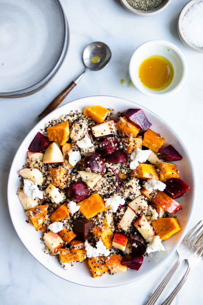 beet quinoa salad mixed and dressed