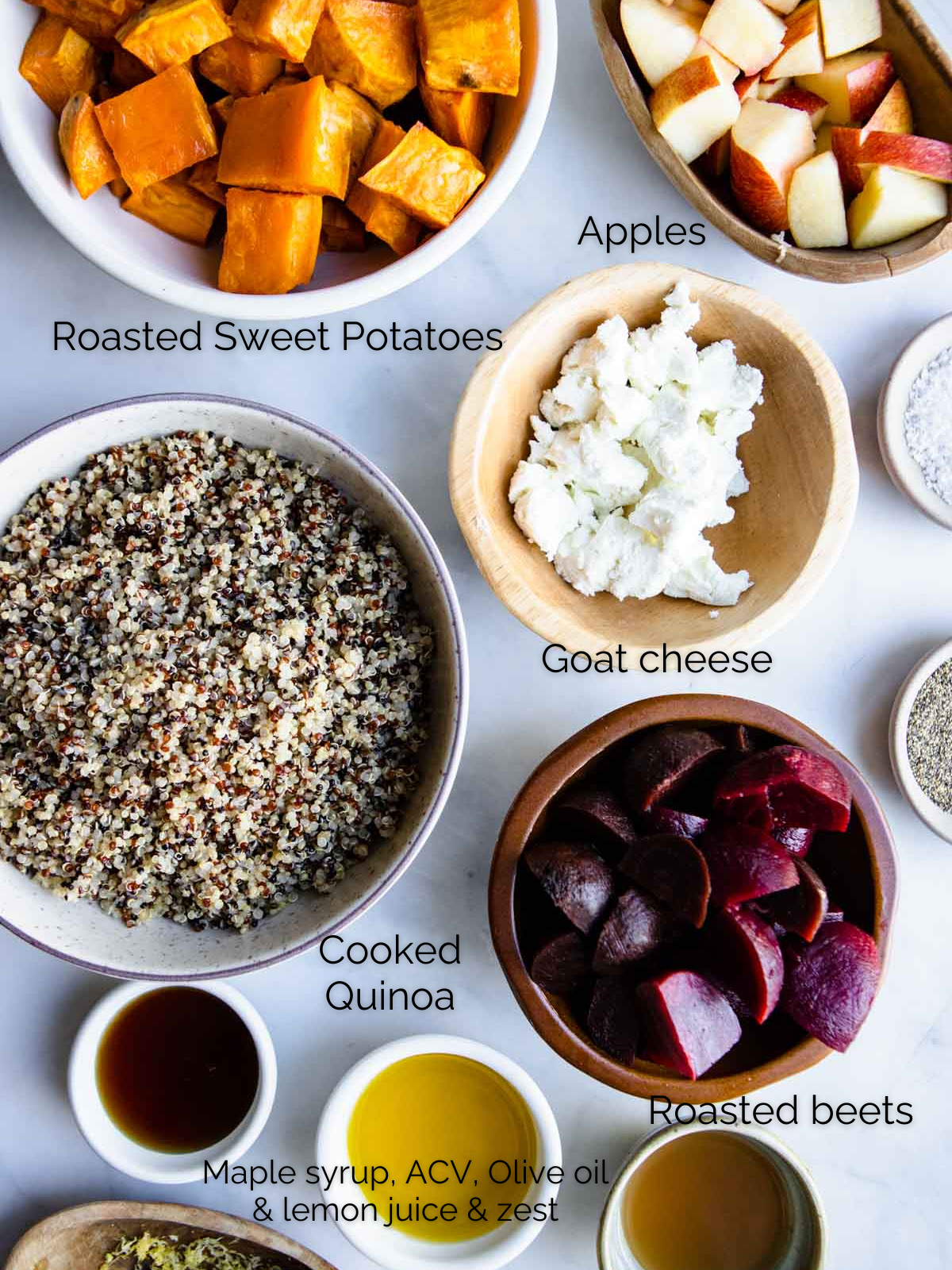 cooked ingredients in small bowls to assemble a beet quinoa salad