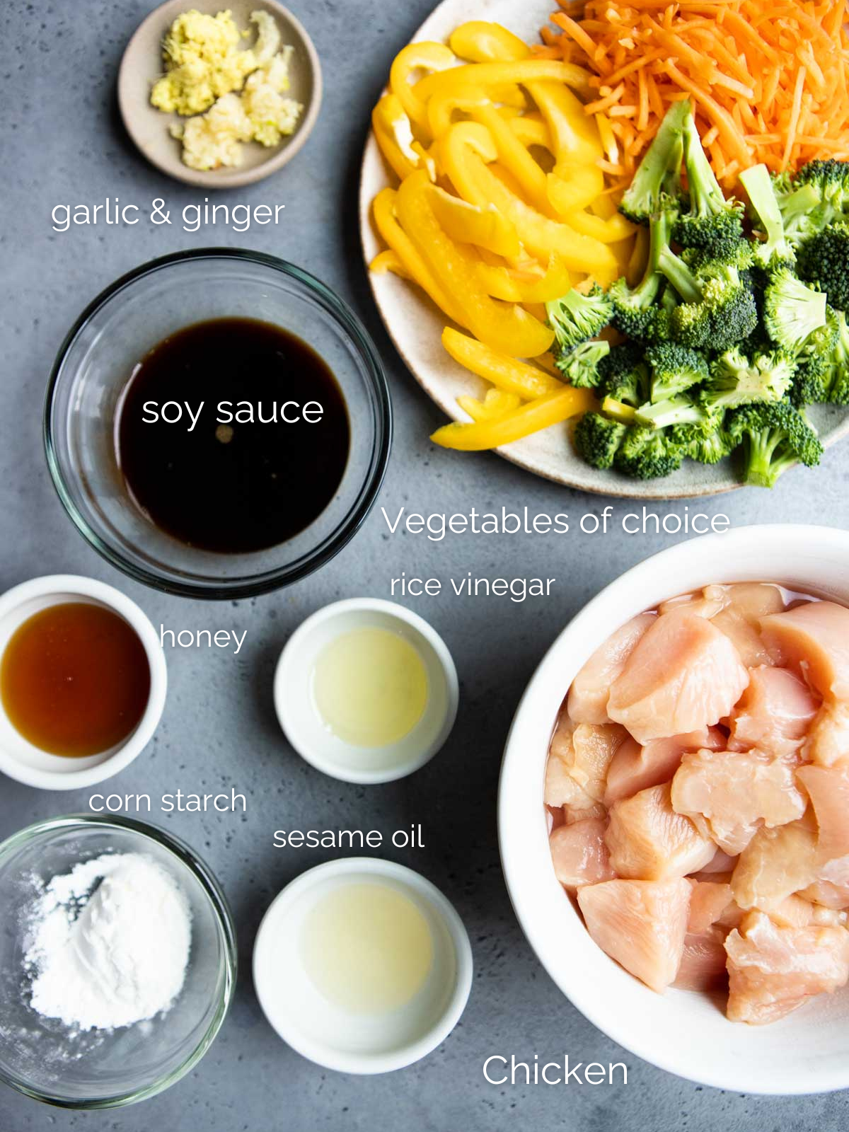 raw ingredients in small glass and white bowls to make chicken teriyaki bowls 