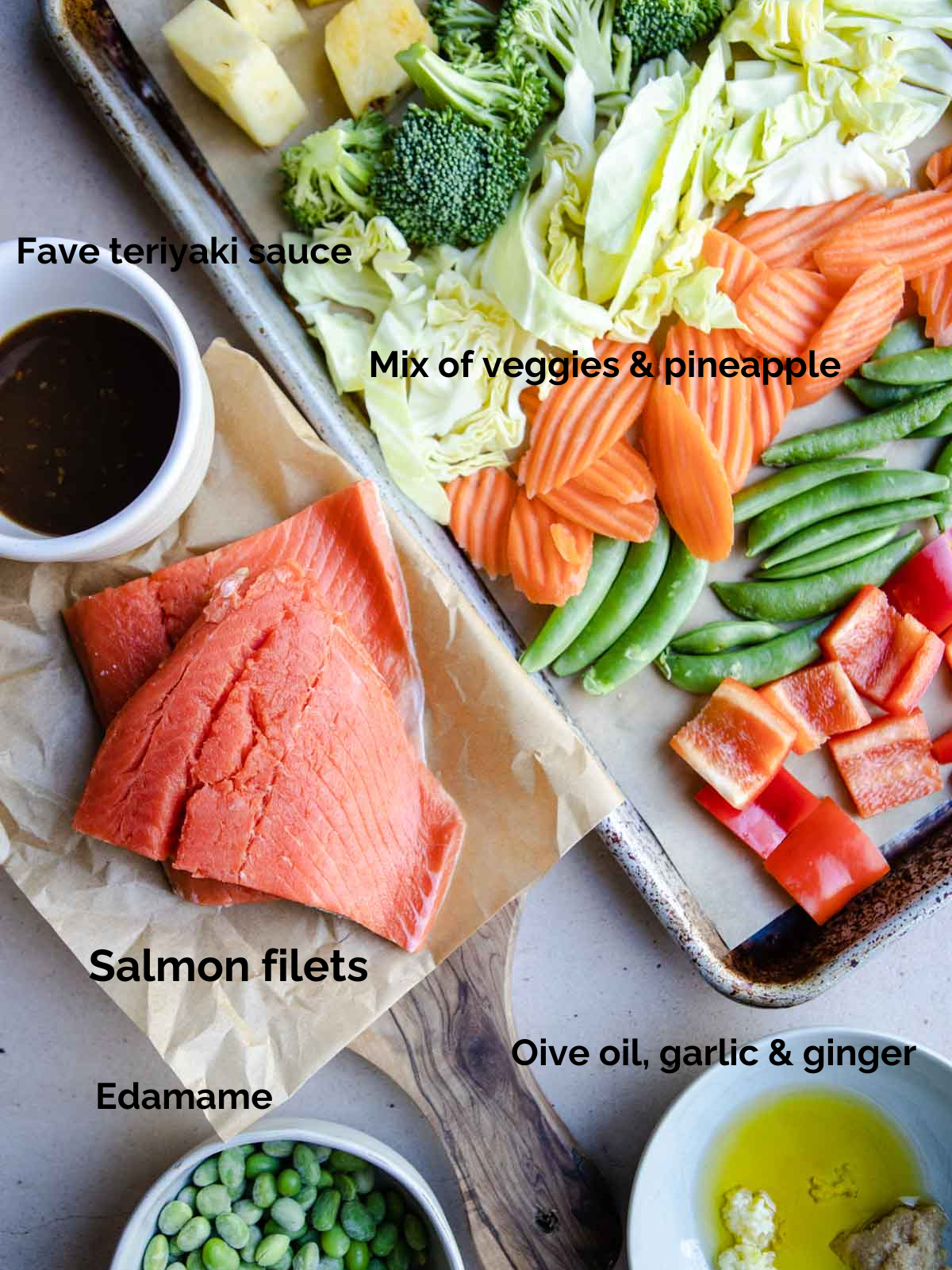 ingredients to make salmon teriyaki bowls on a countertop 