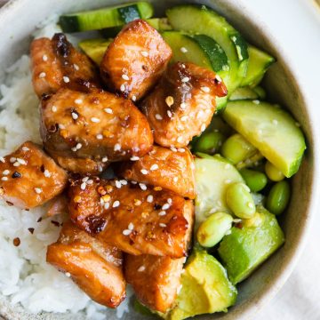 teriyaki salmon bites made in the air fryer with rice and edamame
