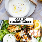garlic yogurt dip in a white bowl and drizzled all over chicken