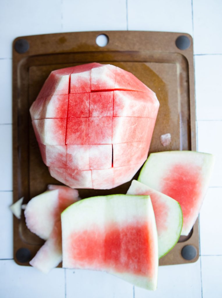 seedless watermelon cut in half and rind cut off