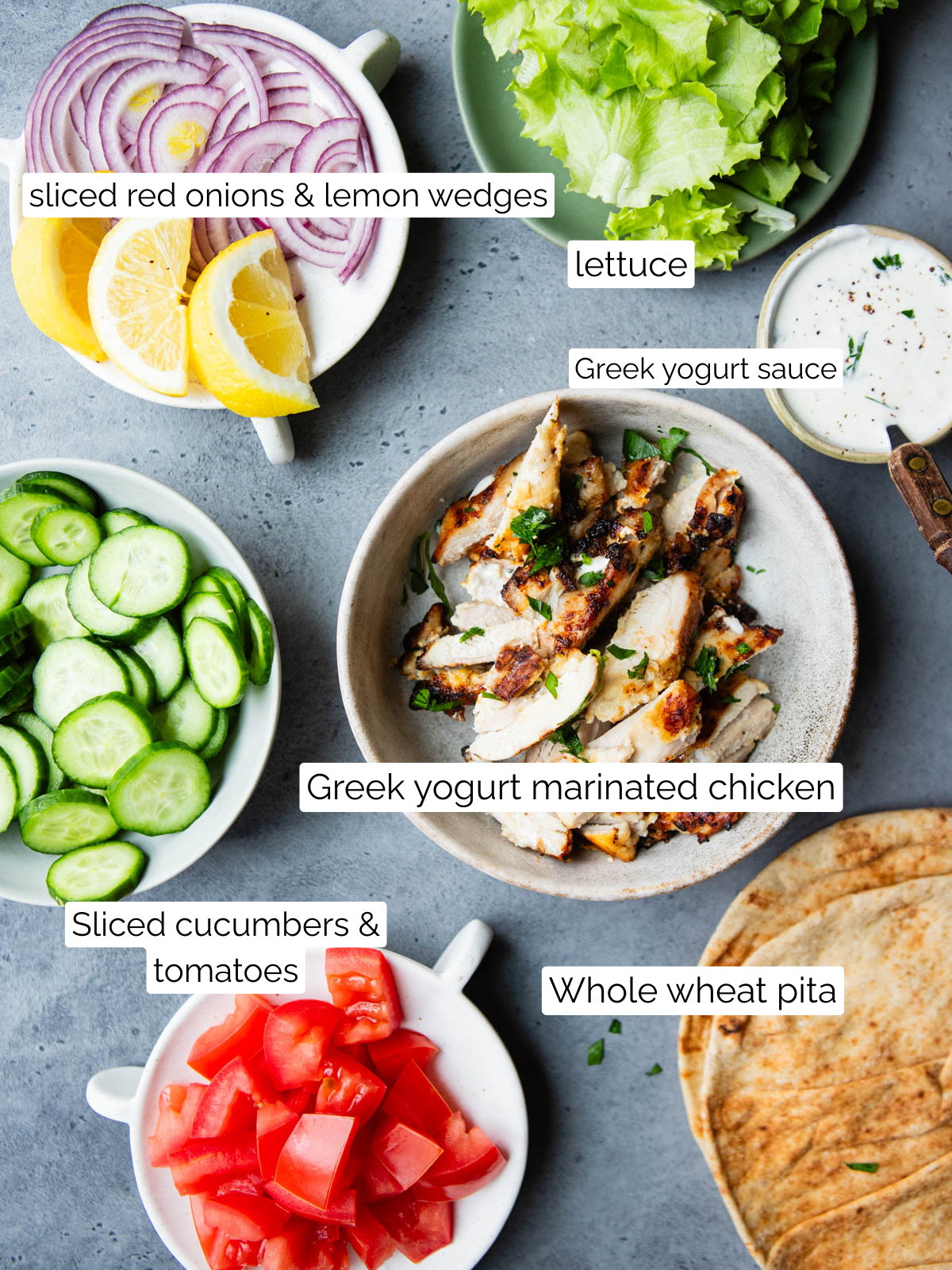 ingredients to make a chicken wrap with Mediterranean inspired ingredients 