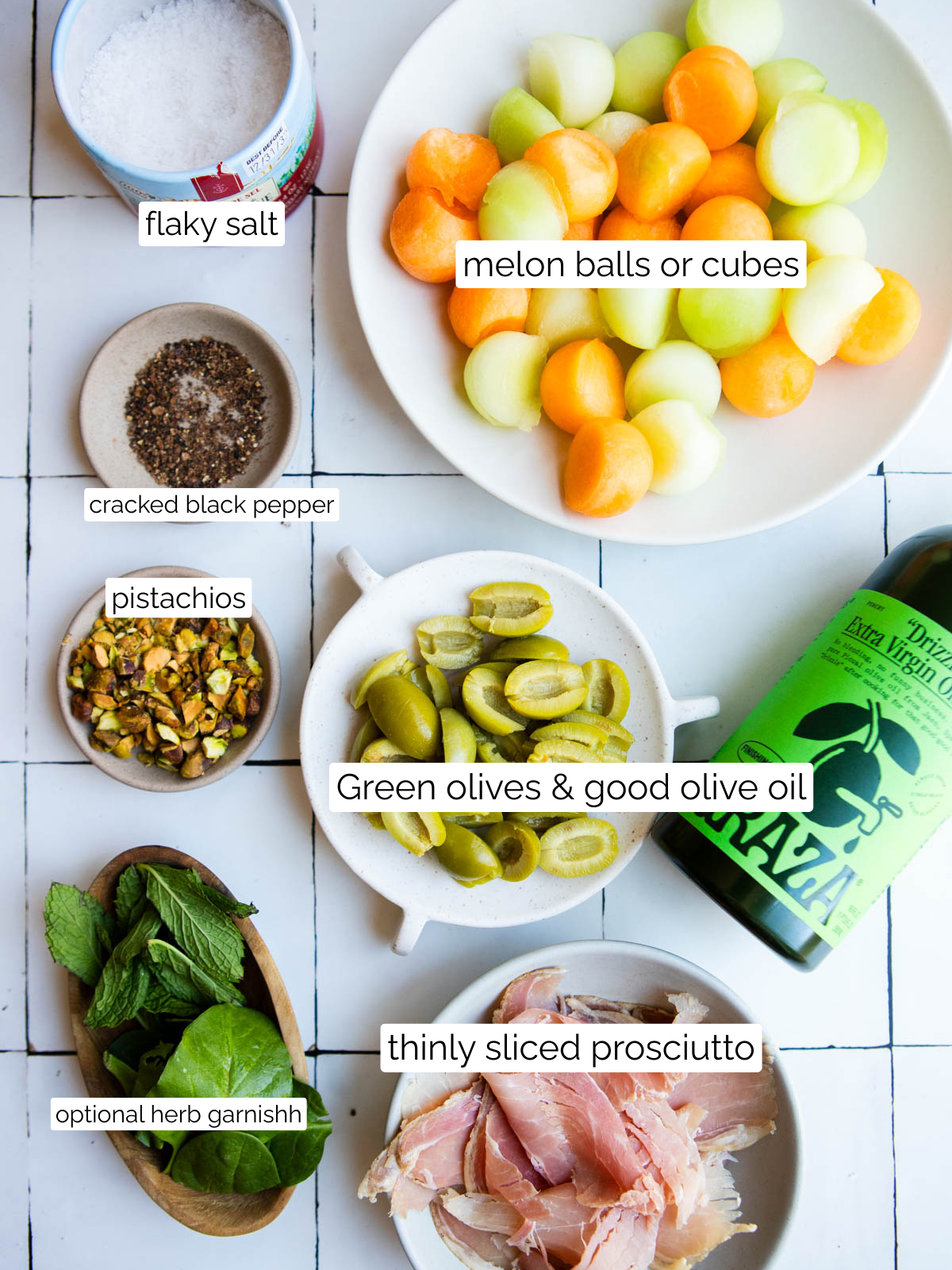 ingredients to make melon and prosciutto skewers 