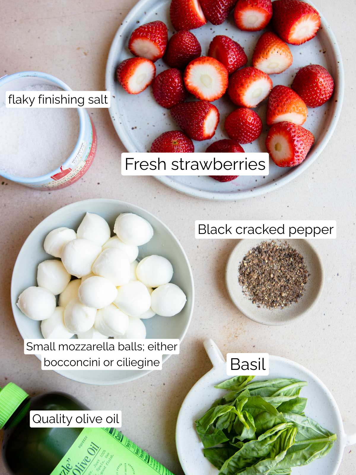 ingredients to make mini caprese skewers with strawberries