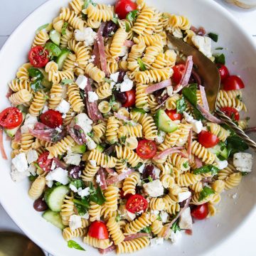 protein pasta salad with chicken and salami