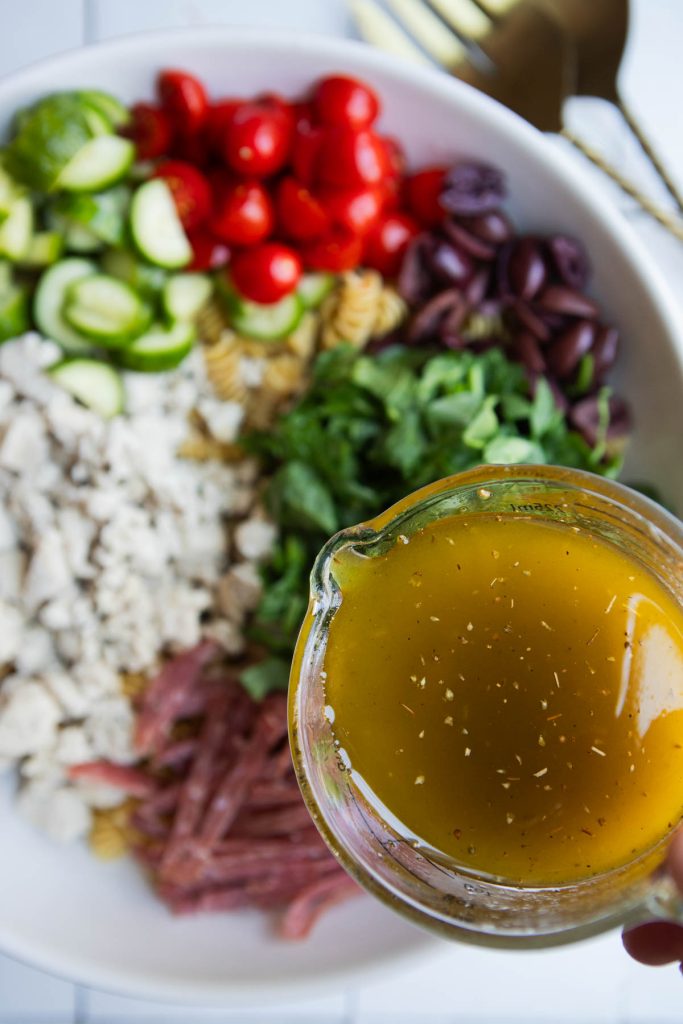 salad dressing for pasta salad added to a protein pasta salad 