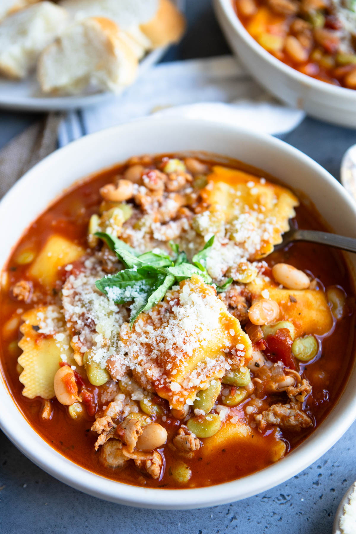 pasta e fagioli soup garnished with cheese and fresh herbs in a large soup bowl 