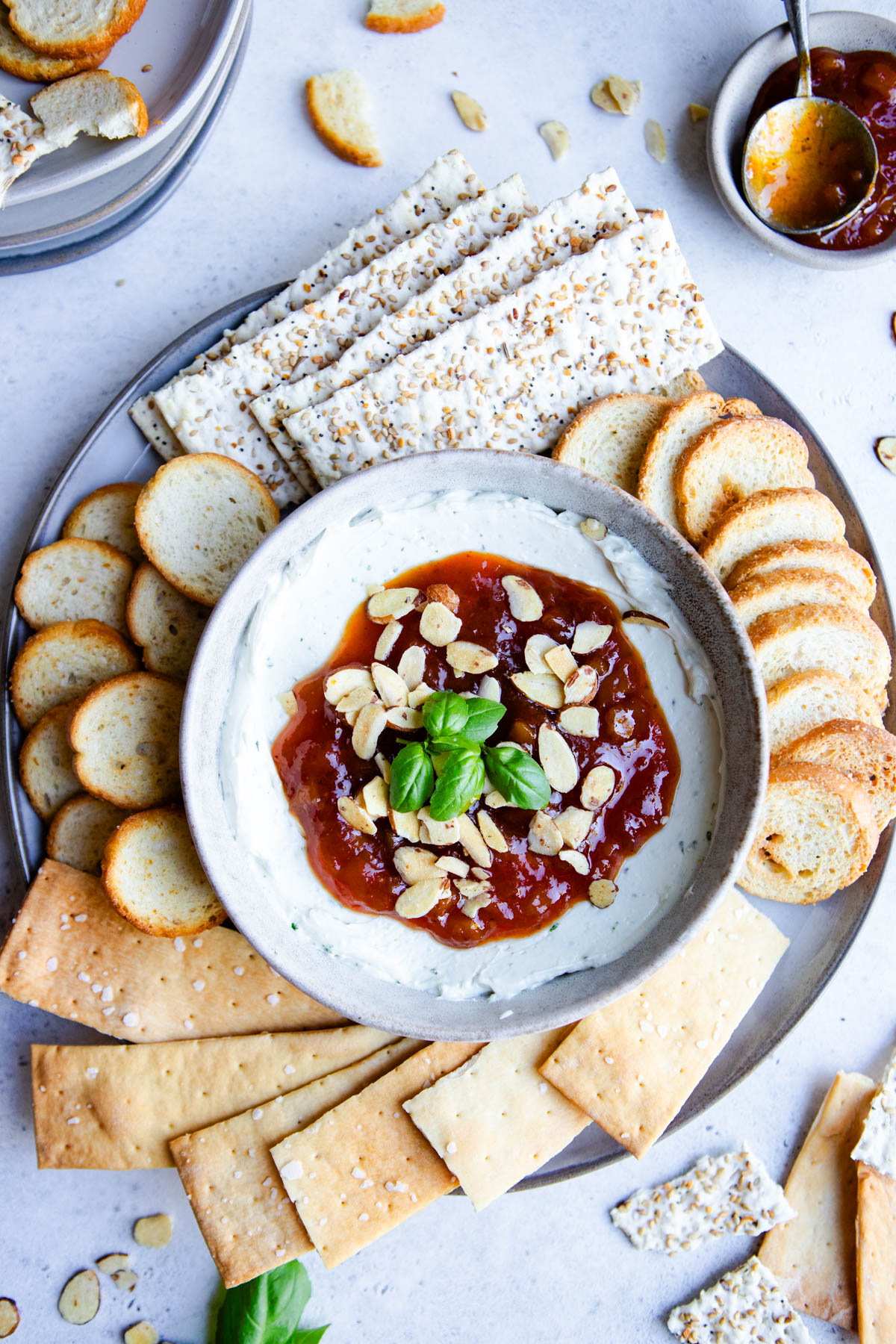 cream cheese dip topped with mango chutney and served with crackers